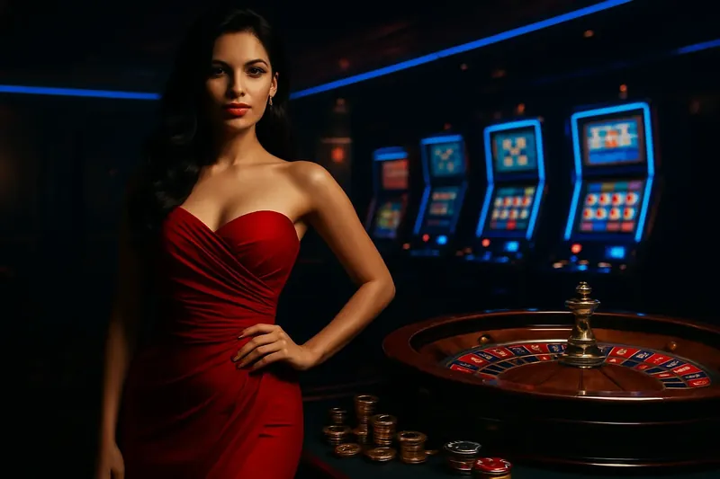 Bangladesh Casino Homepage Banner Elegant woman in red dress near roulette and slot machines in luxury Bangladesh casino with neon accents