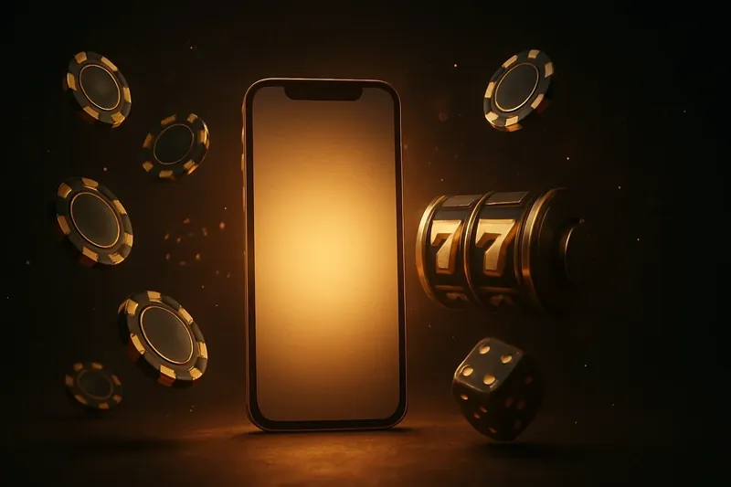 Casino Promo Banner Glowing smartphone surrounded by casino chips, slot reels, and dice with gold accents